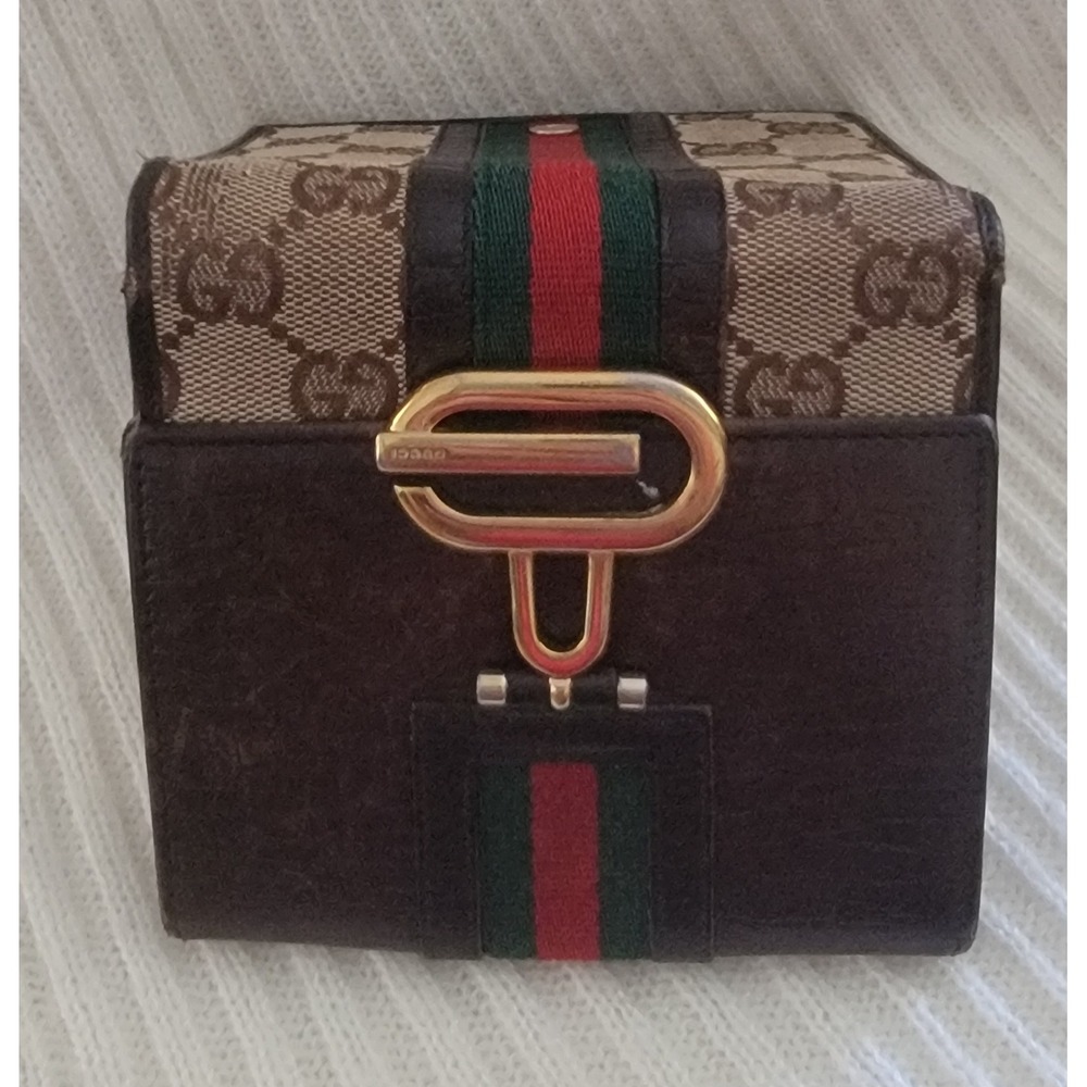 Gucci Vintage GG Supreme‎ Sherry Line Web Bifold Wallet Brown Leather G Buckle